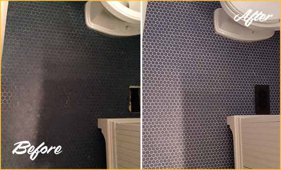 Before and After Picture of a Ferndale Blue Tile Floor Recolored Grout