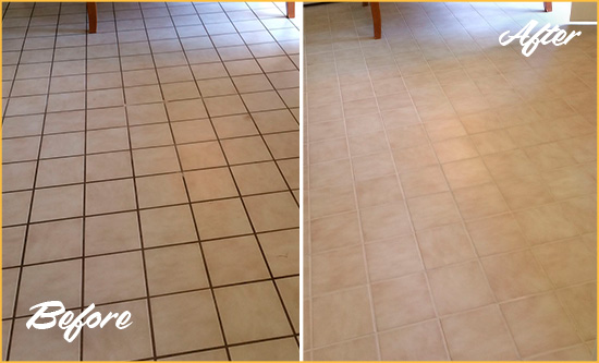 Before and After Picture of a Grosse Pointe Shores Kitchen Tile Floor with Recolored Grout