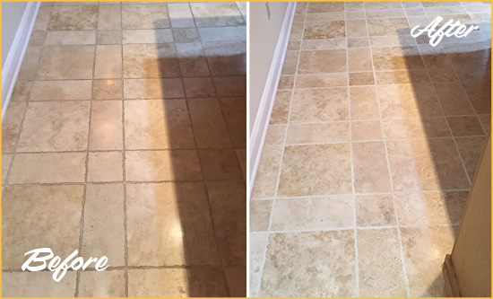 Before and After Picture of a Grosse Pointe Shores Travertine Kitchen Floor Recolored Grout