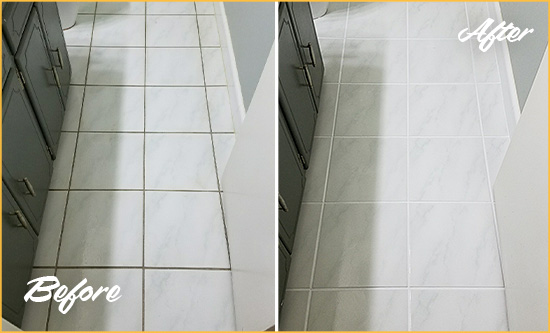 Before and After Picture of a Eastpointe White Ceramic Tile with Recolored Grout