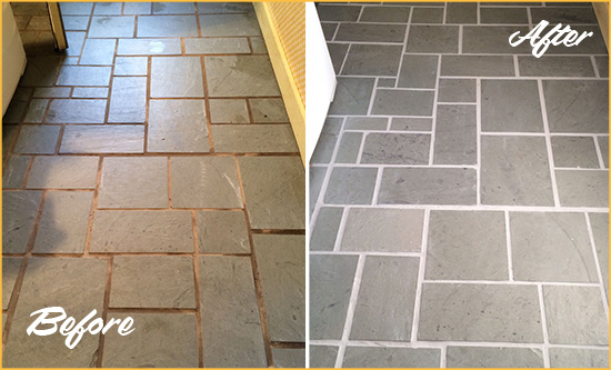 Before and After Picture of Damaged Grosse Pointe Shores Slate Floor with Sealed Grout