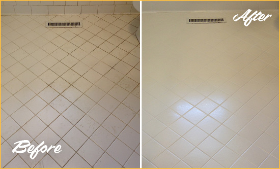 Before and After Picture of a Detroit White Bathroom Floor Grout Sealed for Extra Protection