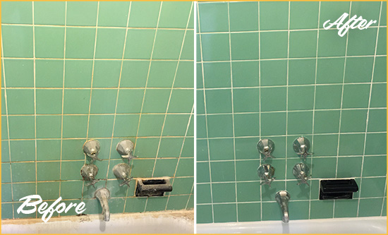 Before and After Picture of a Grosse Pointe Shores Bath Tub Grout Sealed to Avoid Water Damage