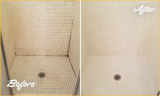 Before and After Picture of a Grosse Pointe Shores Bathroom Grout Sealed to Remove Mold