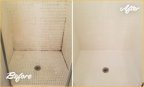 Before and After Picture of a Armada Bathroom Grout Sealed to Remove Mold