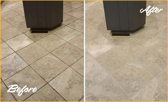 Before and After Picture of a Grosse Pointe Shores Kitchen Floor Grout Sealed to Remove Stains