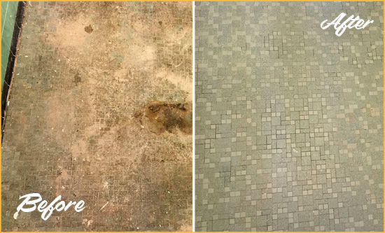 Before and After Picture of a Grosse Pointe Shores Mosaic Shower Cleaned to Eliminate Embedded Dirt