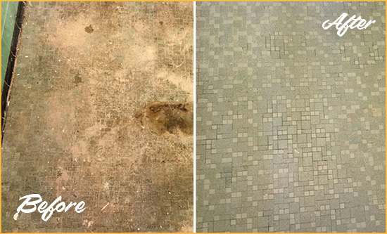 Before and After Picture of a Grosse Pointe Park Mosaic Shower Cleaned to Eliminate Embedded Dirt