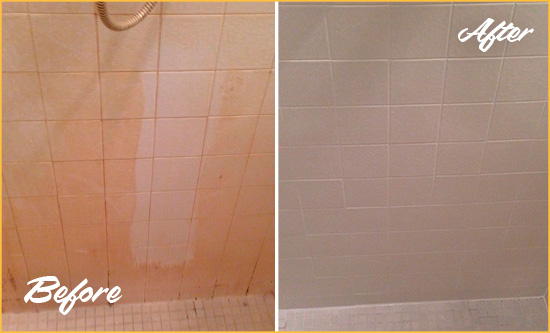 Before and After Picture of a Pleasant Ridge Porcelaine Shower Cleaned to Remove Soap Scum