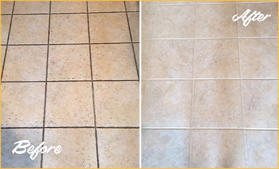 Before and After Picture of a Grosse Pointe Shores Ceramic Floor Cleaned to Remove Soil