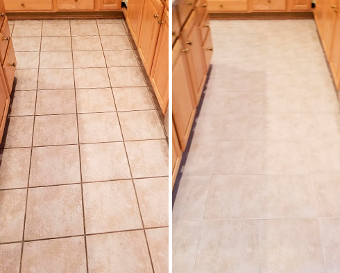 Kitchen Floor Before and After a Grout Sealing in Rochester