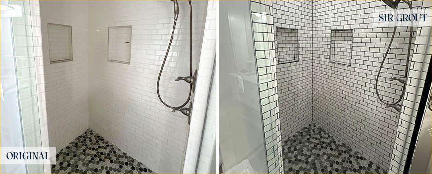 Tile Shower Before and After a Grout Recoloring in Grosse Pointe Park