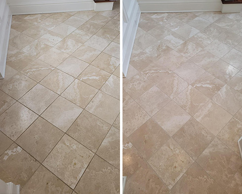 Foyer Floor Before and After Our St. Clair Shores Tile and Grout Cleaners Work