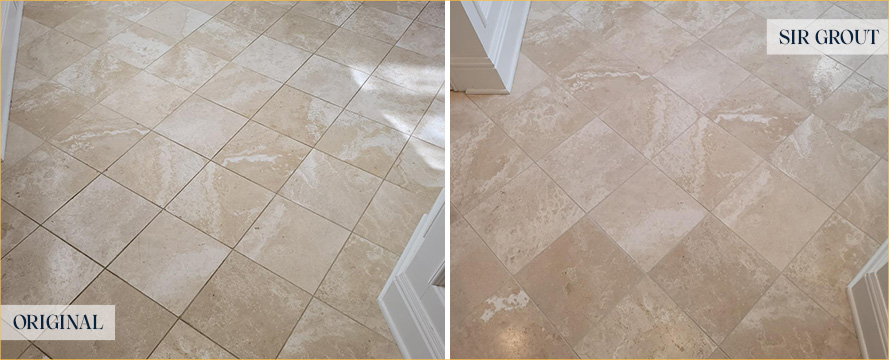Foyer Floor Before and After Our St. Clair Shores Tile and Grout Cleaners Work
