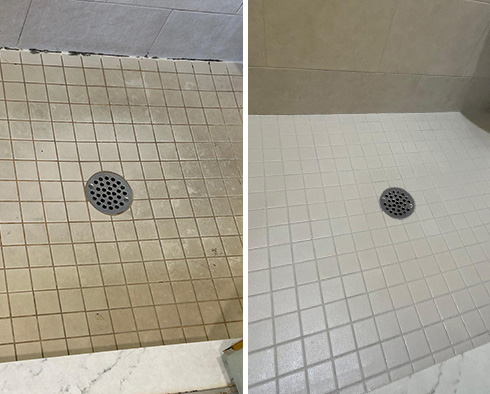 Shower Floor Before and After Our Plymouth Tile and Grout Cleaners Job