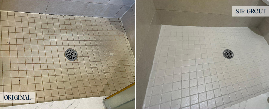 Shower Floor Before and After Our Plymouth Tile and Grout Cleaners Job