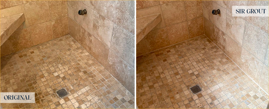 Shower Before and After a Superb Stone Cleaning in Beverly Hills, MI